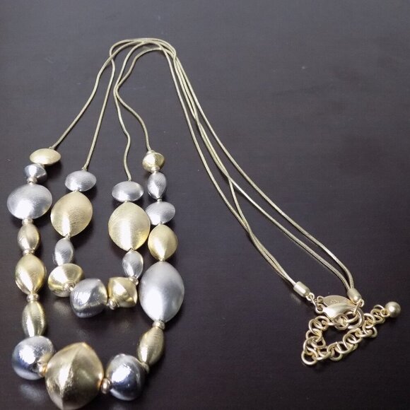 Chico's Long Necklace Gold and Silver Tone Beads Statement Two Row Chain - Picture 6 of 6